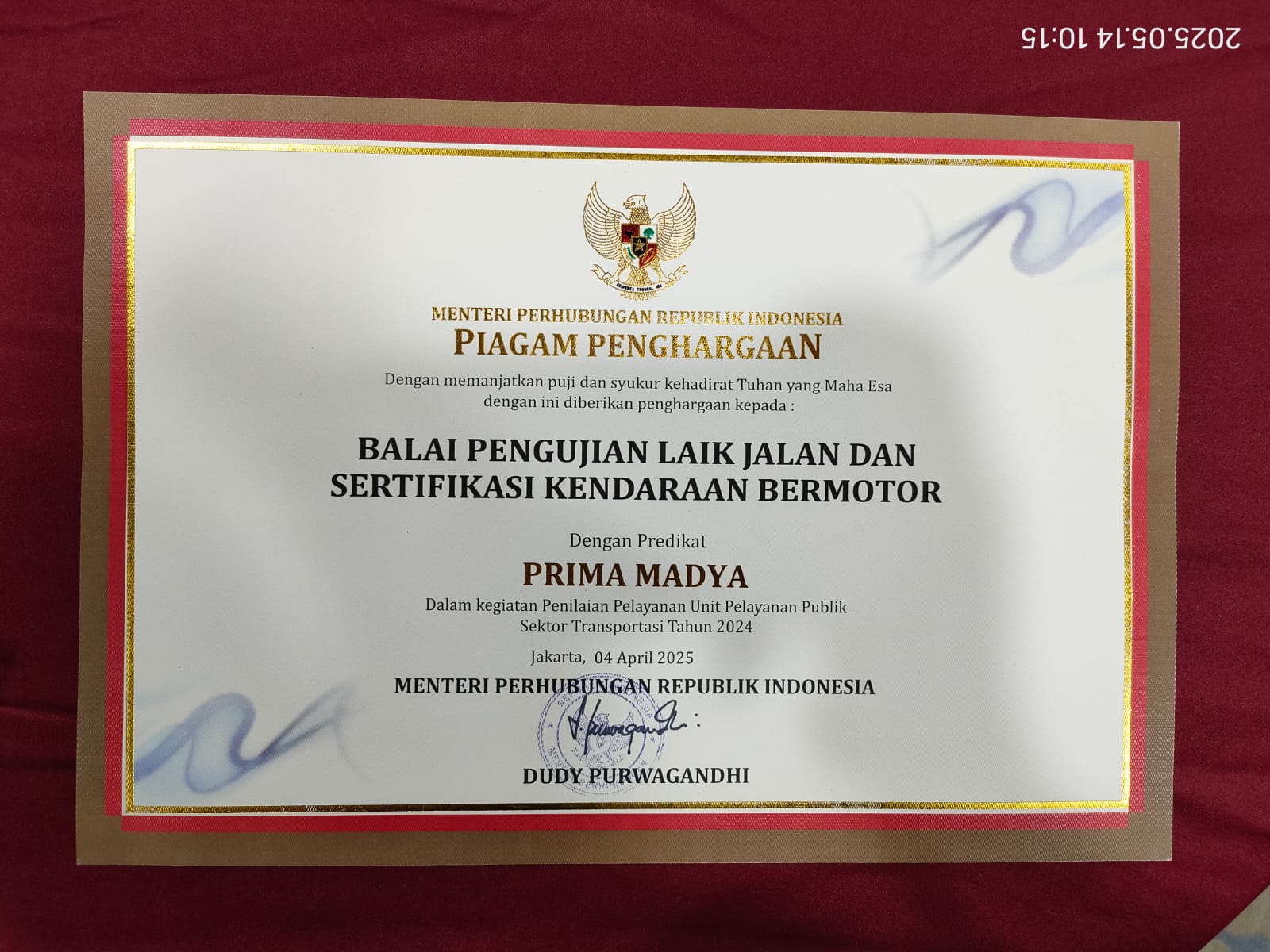 PIAGAM PENGHARGAAN - PREDIKAT PRIMA MADYA PENILAIAN UNIT PELAYANAN PUBLIK
